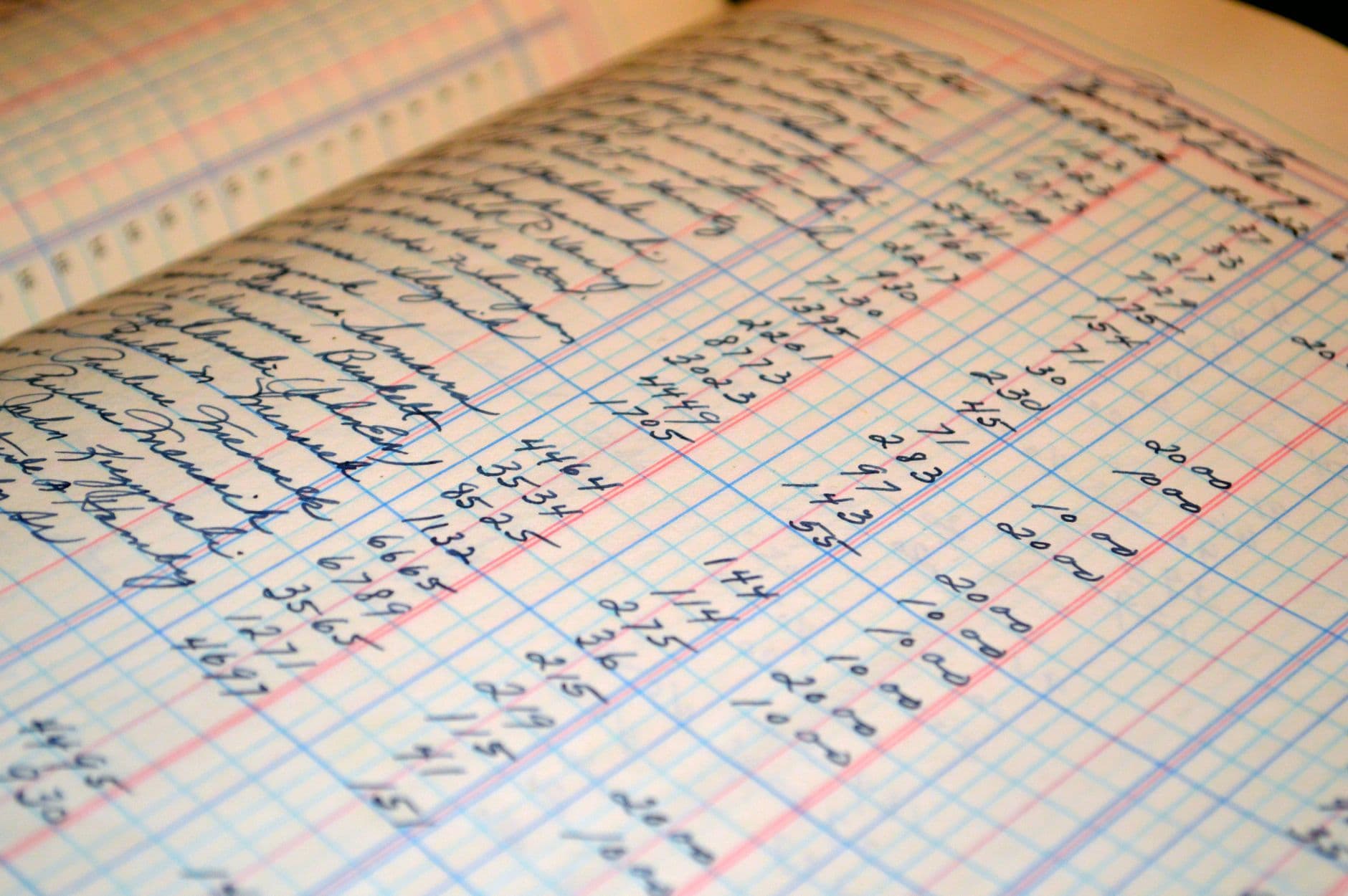 Close-up of a handwritten ledger detailing small business accounts