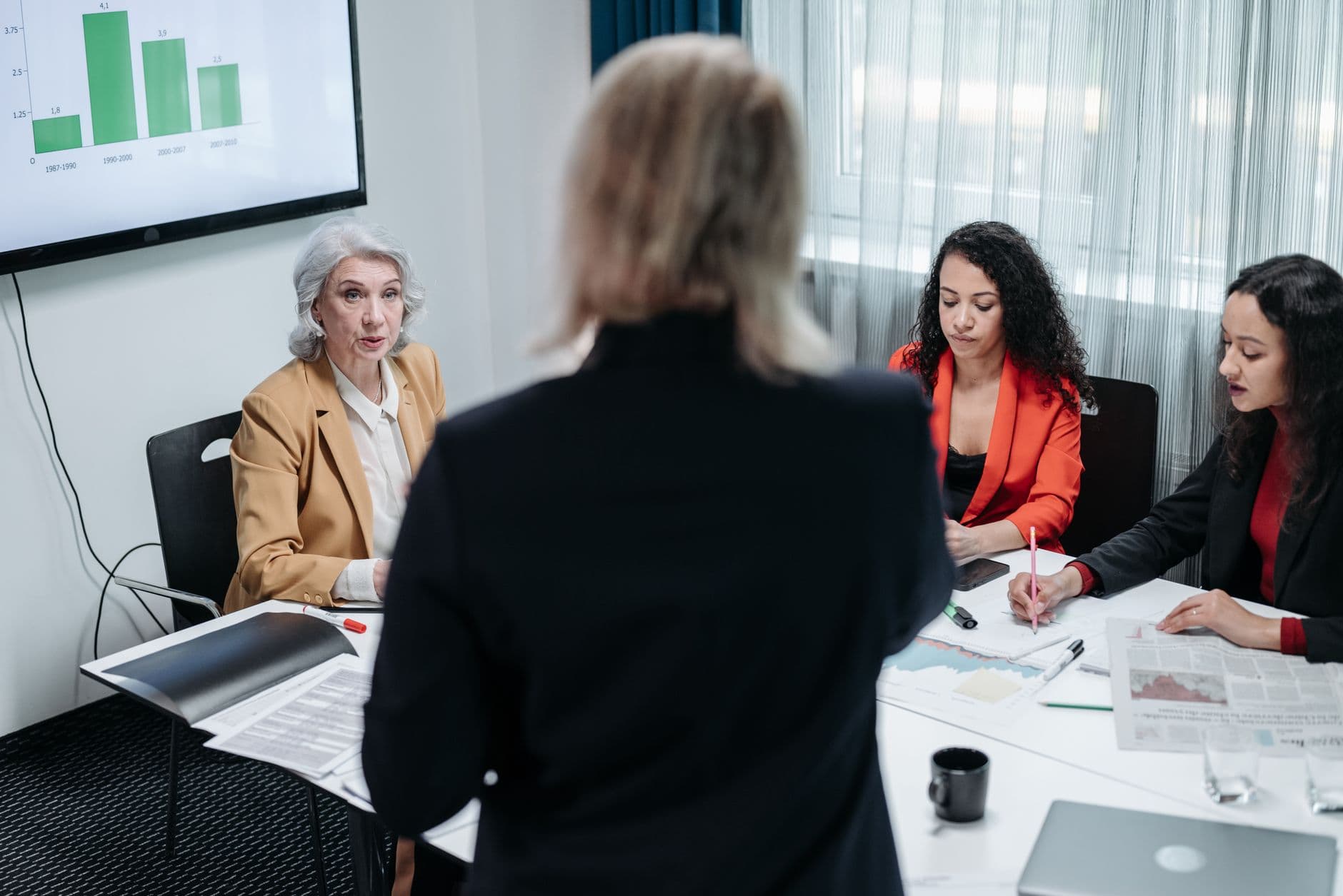 People-operations team in a working meeting reviewing hiring and org plans