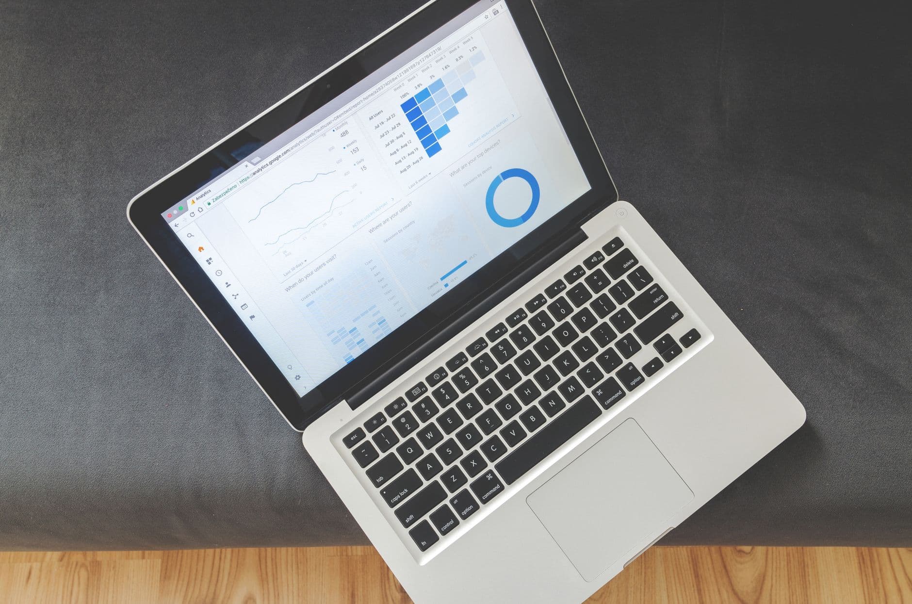 Overhead view of a laptop showing marketing data visualisations