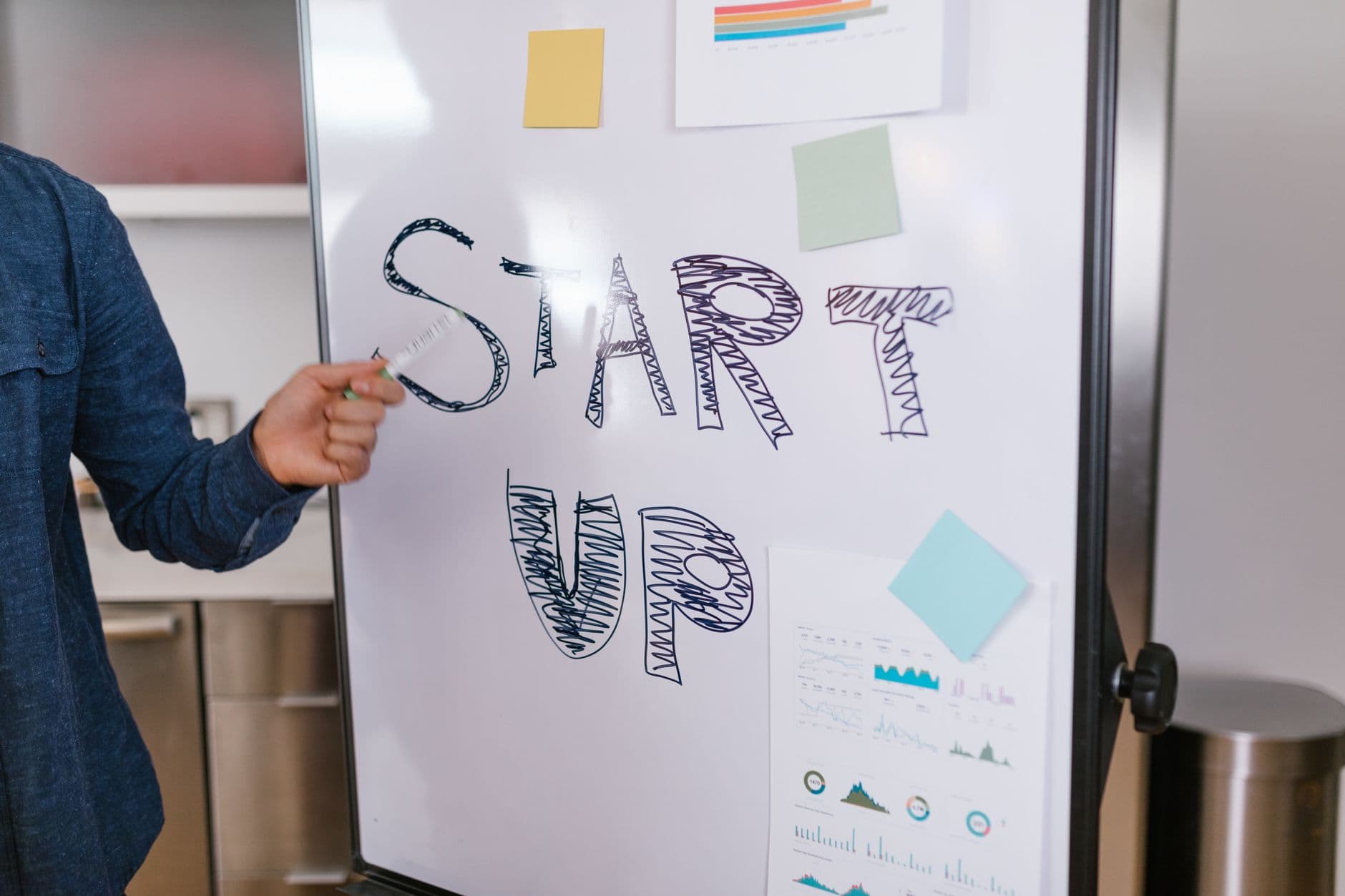 A person presenting a startup marketing idea on a whiteboard
